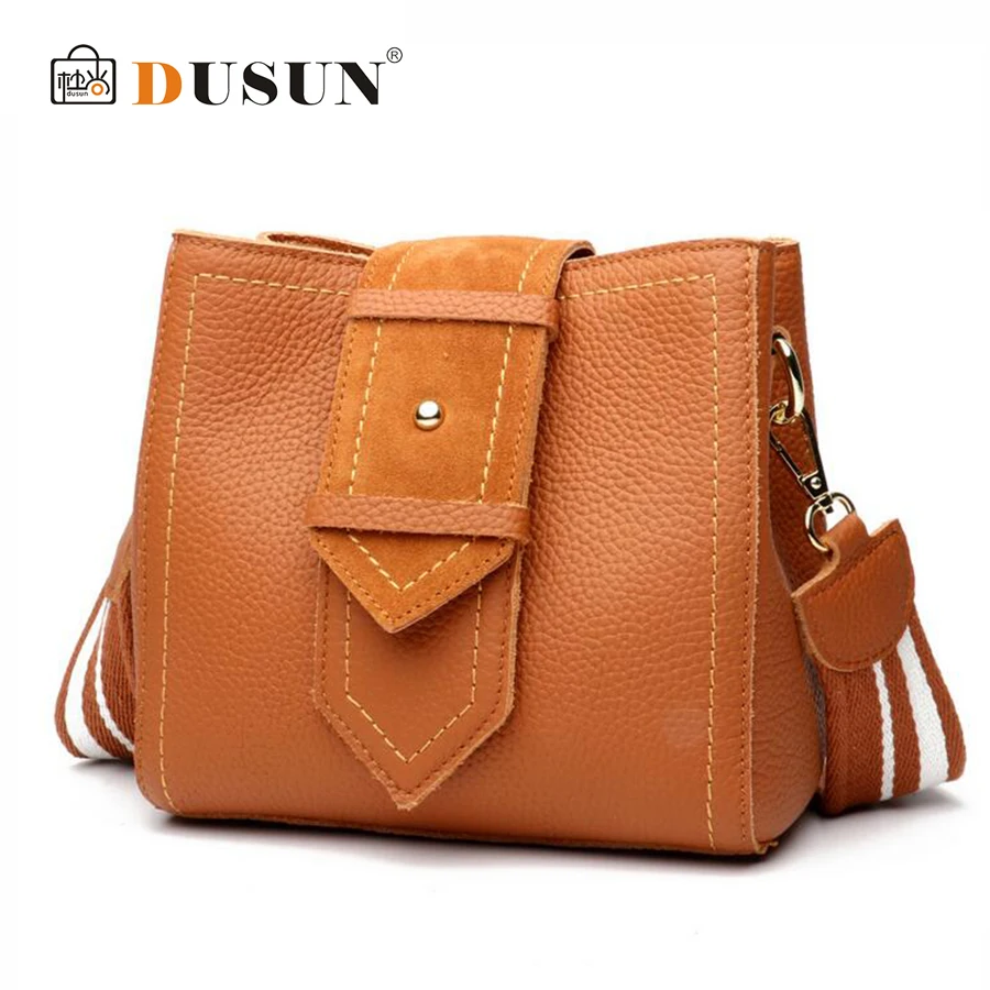 

DUSUN Women Genuine Leather Bucket Bag Fashion Handbag Cow Leather Shoulder Bags Female Simple Wide Shoulder Strap Messenger Bag