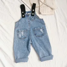 Модные джинсовые комбинезоны для мальчиков и девочек, год детские джинсовые штаны