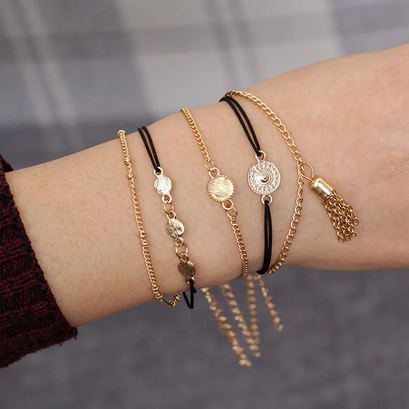 1 комплект Многослойные браслеты для Для женщин с горный хрусталь Шарм Сплав кисточка золотого цвета Мода браслет, украшение, подарок