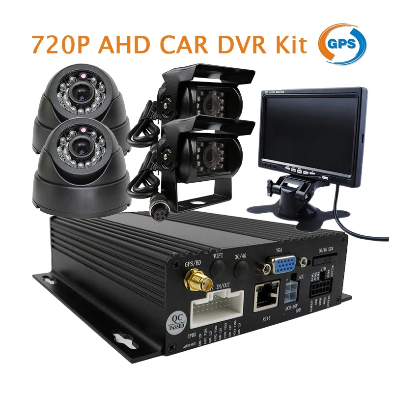 

Free Shipping 4CH HD 720P AHD GPS G-sensor SD Vehicle Car DVR MDVR Real-time Record Kit Truck Bus Rear View Dome Camera + 7" LCD