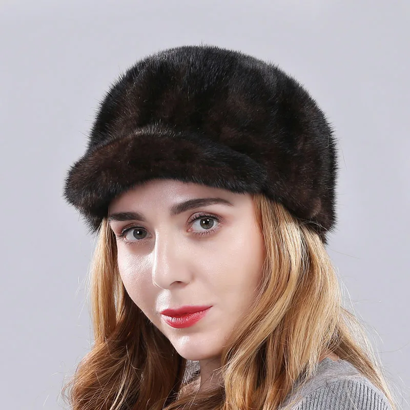 Новое поступление Женская норковая меховая шапка модная женская натуральная норковые шапки зимние повседневные меховые бейсболки - Цвет: coffee