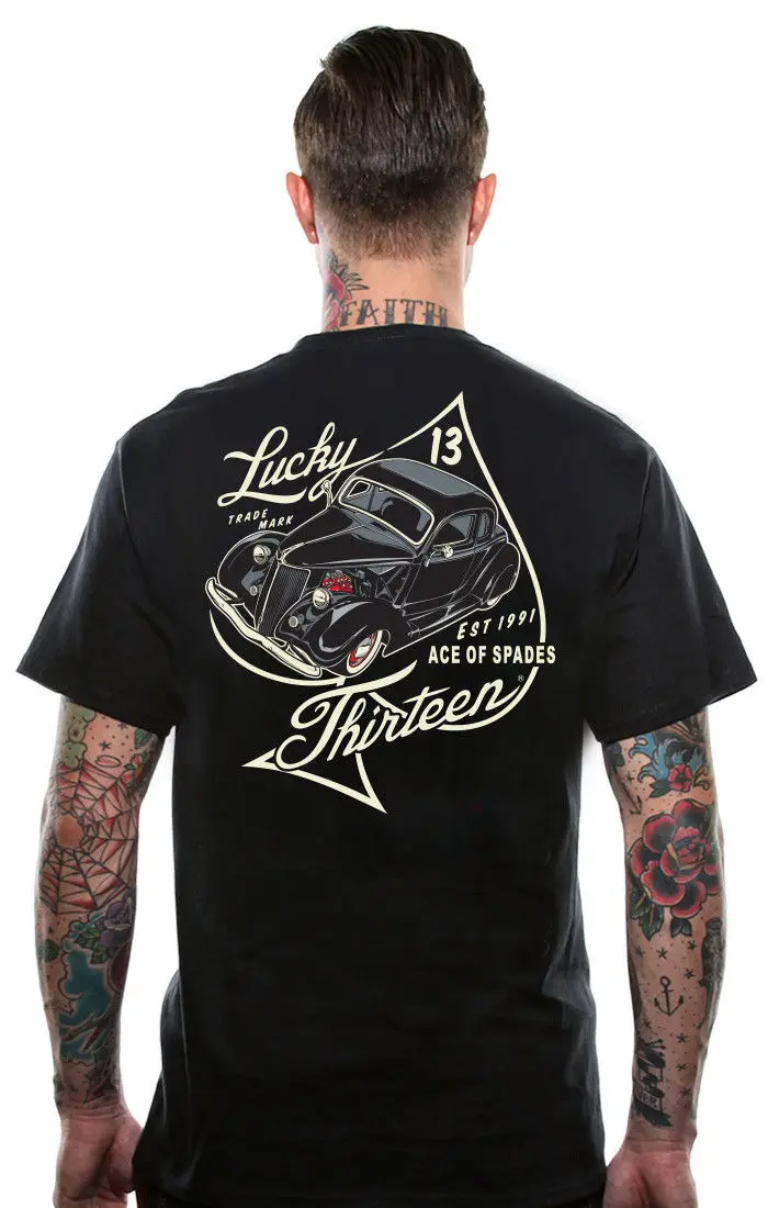 

Authentic LUCKY 13 Ace of Spades Hot Rod T-Shirt S-3XL NEWLoose Black Men T shirts Homme Tees