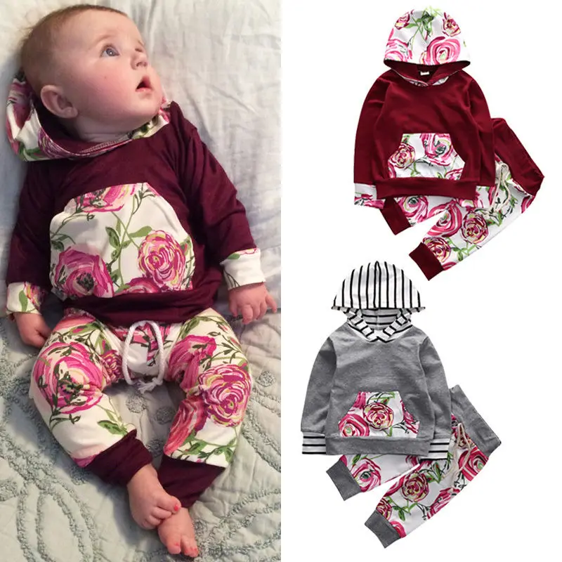 2016 Cute Floral Baby Girl Clothes Autumn Infant Bebes Hooded Sweatshirt Top+ Pant 2pcs Outfit