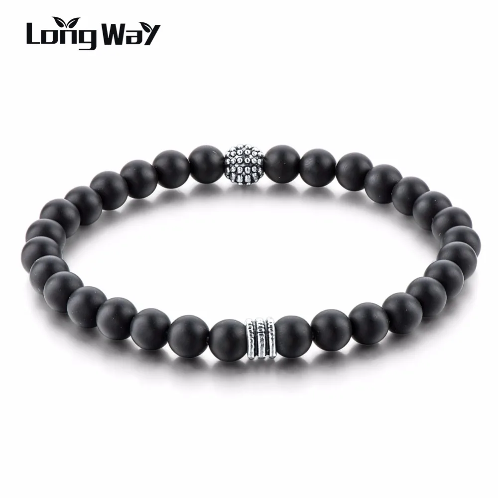 Браслеты LongWay из натурального черного матового оникса 6 мм с серебристыми