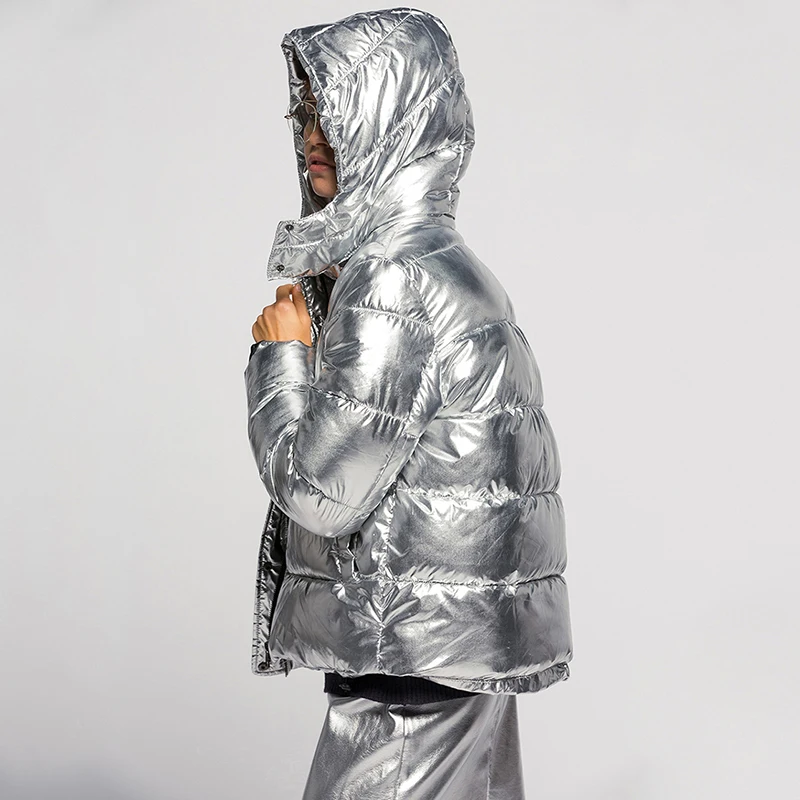 CamKemsey Warm Thicken Winter Coat Women Streetwear Metallic Silver Down Cotton Padded Hooded Winter Jacket Women Parkas