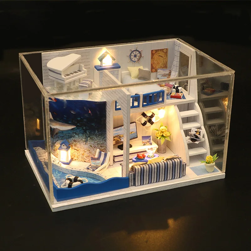 Миниатюрный Кукольный домик "сделай сам", звук моря, с мебели, винтажный дом для виллы, строительные наборы, 3D игрушки для детей, девочек, рождественские подарки - Цвет: With Dust cover