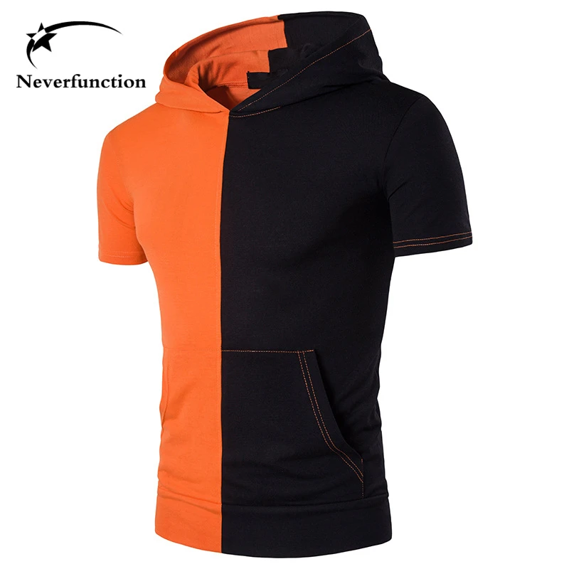 

Hooded Slim Men 2017 Fashion Two colors Patchwork T Shirt Short Sleeve Casual Hoodies Homme Hip Hop Cotton men Summer T-shirt