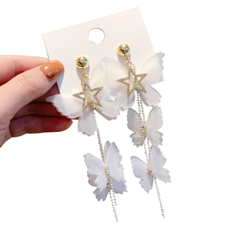 Korean New Luxurious Butterfly Rhinestone Dangle Earring Fashion Star Heart Long Tassel Earring for Women Party Jewelry