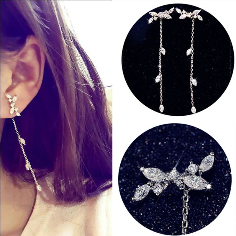 

Fashion Long Korean Style Silver Plated Ear Back Flower Tassel Leaves Cubic Zircon Drop Earring