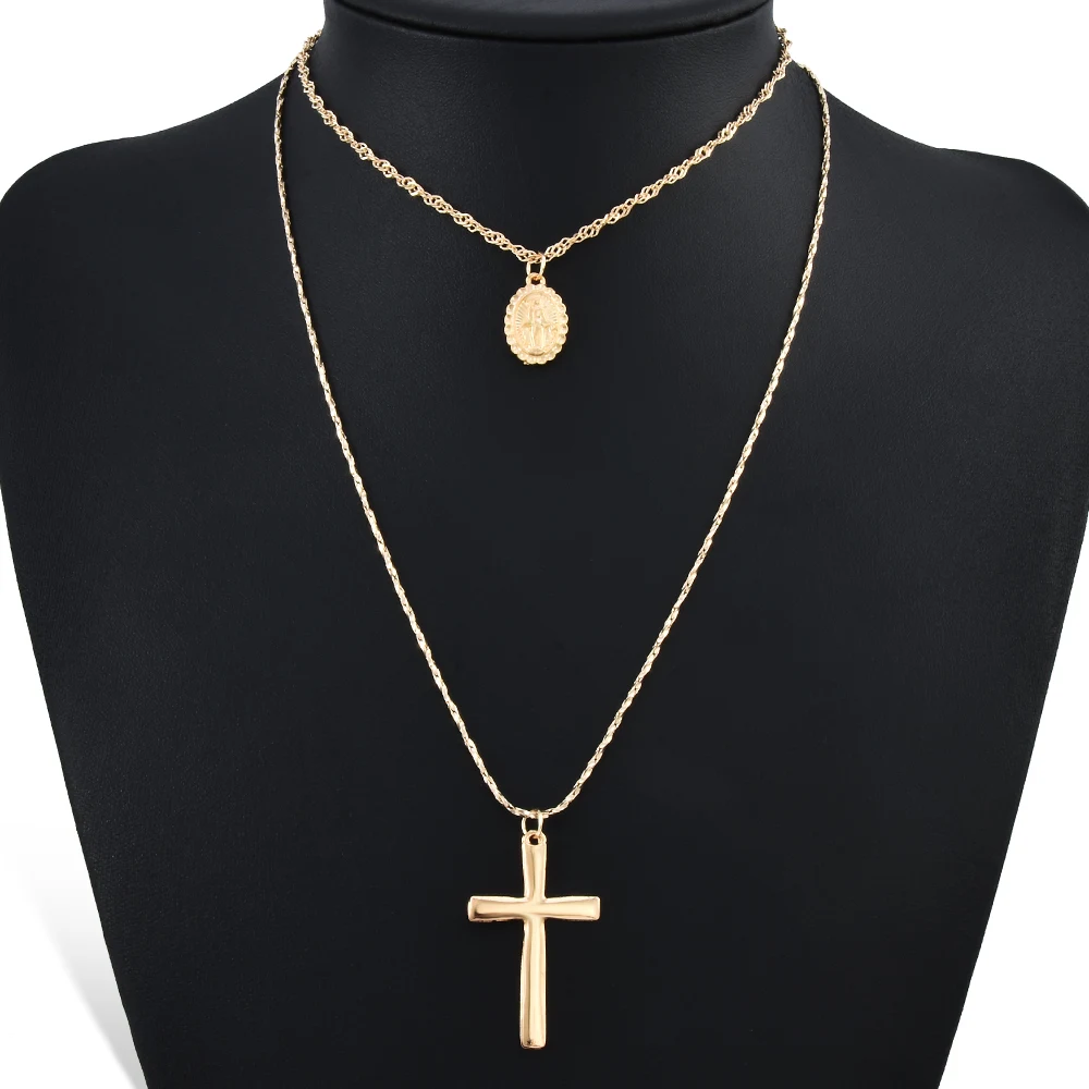 

New Fashion Alloy gold Christian Round Virgin Mary Tag Cross Necklace Cross Religious Pendant Necklace Free combination 2pcs/set