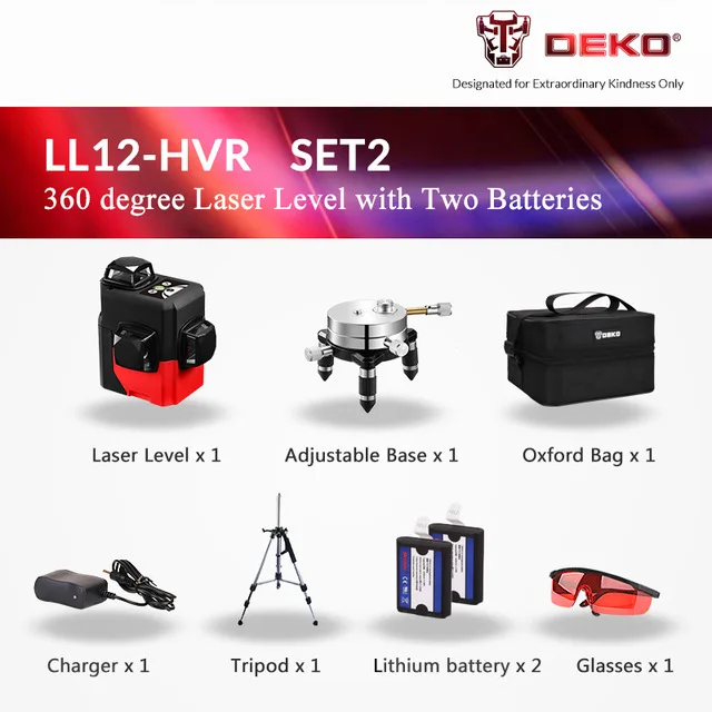 DEKO LL12-HVR самонивелирующийся 360 градусов 3D 12 линий красный лазерный уровень горизонтальный и вертикальный крест супер мощный лазерный луч красный - Цвет: Red Laser Set 2