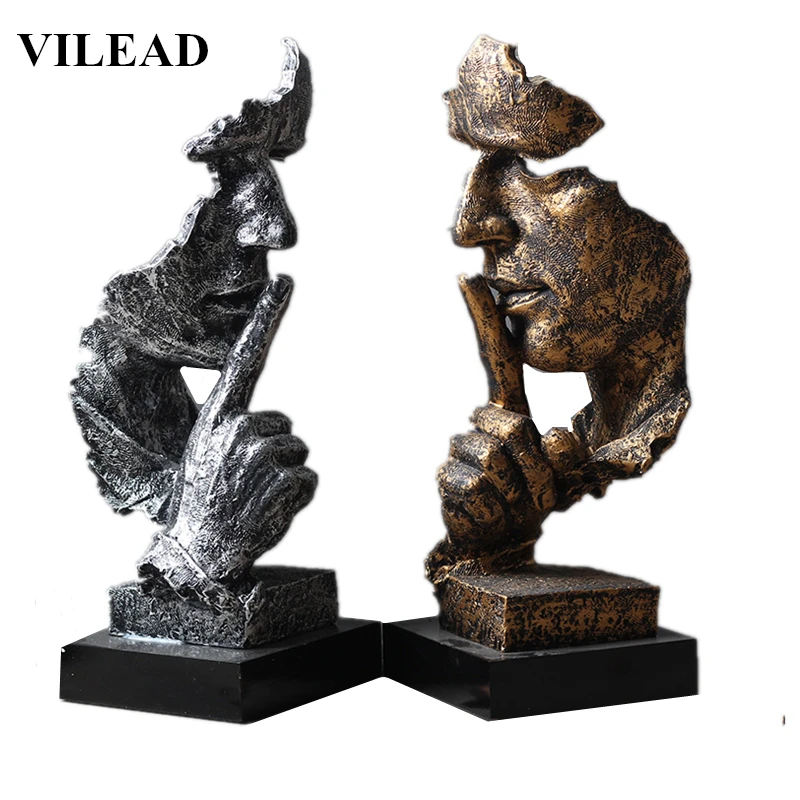 Goede VILEAD 32cm Hars Stilte is Gouden Masker Standbeeld Abstracte Ornamenten Beeldjes Masker Sculptuur Craft voor Office Vintage Home Decor