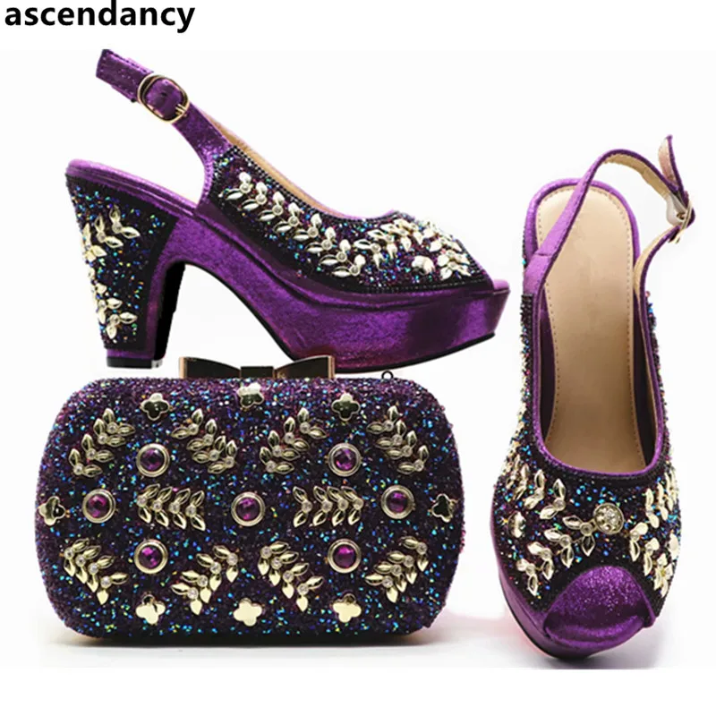 

New Arrival African Shoes and Matching Bags Italian Ladies Shoes and Bags To Match Set Decorated with Rhinestone Party Shoes Bag