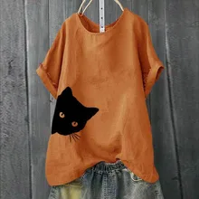 Повседневная Женская футболка размера плюс, свободная футболка с коротким рукавом и принтом кота, топы, женская футболка с коротким рукавом, хлопок, лето# P35