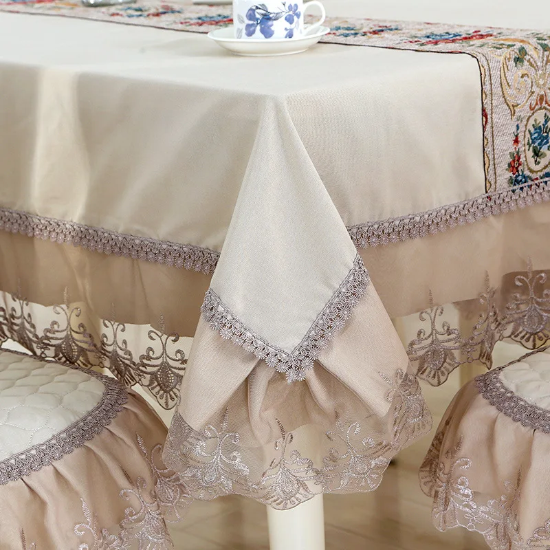 Purple Pastoral Lace Floral Home Kitchen Party Tablecloth Set Suit Table-cloth Rectangular Round Table Cloth Chair Cover