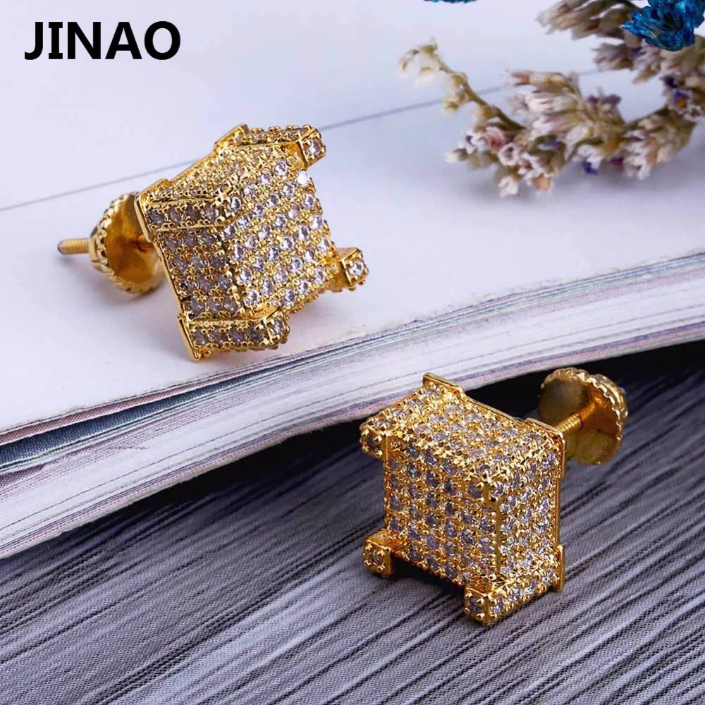 JINAO хип-хоп новые модные серьги-гвоздики со льдом золотого цвета с микро кубическим цирконием квадратные серьги-гвоздики для мужчин и женщин