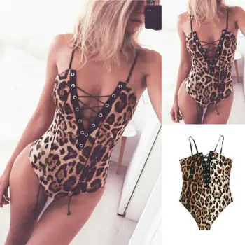 

2019 Sexy Leopard Bodysuit Women V Neck Lace Up Bandage Bodycon Slim Bodysuit Jumpsuits Romper Tops New Hot