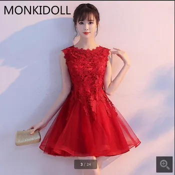 

2017 new arrival red lace short prom dress sleeveless informal petite girls lovely prom gowns scoop neckline prom dresses