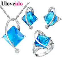 Uloveido 5 Colors Wedding Jewelry Set Blue Crystal Jewelry Gift Sets for Women Earrings Necklace with