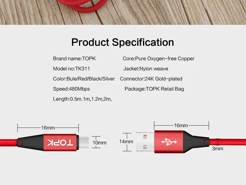 TOPK Micro USB кабель Нейлон Плетеный синхронизации данных телефонный кабель для samsung Galaxy S7 край S6 Microusb кабель для зарядки