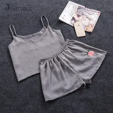 JRMISSLI вышивка Атлас Cami и шорты комплект Кружево Удобная Ночная сорочка пижамы Симпатичные ночнушки искусственный шелк пижамы наборы