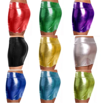 

Sexy Women's Skirts Metallic PVC Tight Hip Mini Skirts Night Club Solid Color High Waits Summer Short Skirts Womens 2019 Hot