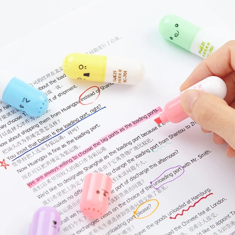 6PCS/Set 6 Colors Mini Pill Shaped Highlighter Pens for Cute Smiling Face Graffiti Highlighter Korean Stationery