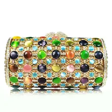 Модные золотистые металлические вечерние клатчи белые бриллиантовые женские вечерние чистый красочный драгоценный камень леди ужин Банкетная Сумка-клатч