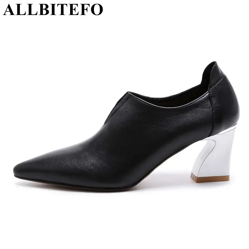 

ALLBITEFO size:34-41 genuine leather pointed toe women high heel shoes thick heel spring women pumps girls shoes Sra zapato