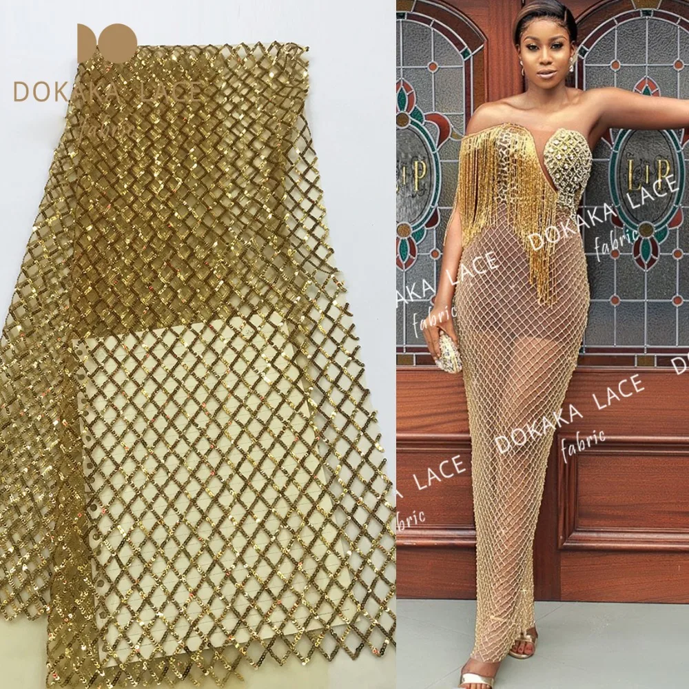 

Gold Sequined Embroidered Tulle Mesh Lace Fabric For Wedding Material 2019 Latest Simple Cassic Design Sequins Net Lace Fabrics