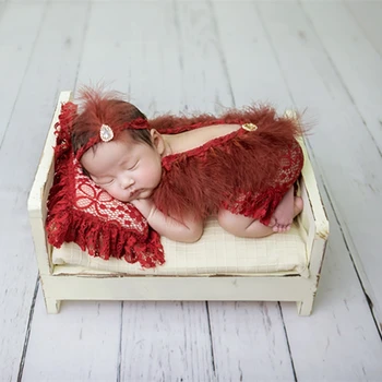 

Lovely Burgundy Baby Girl Romper Set Handmade Feather Baby Pant and Pillow Set Newborn Headband Photography Props Fluffy Outfit