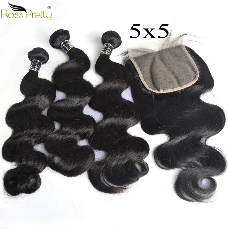 

5x5 Lace Closure with Bundles Brazilian Human Hair Body Wave Bundles with Closure Pre Plucked Nature Color Remy Ross Pretty Hair