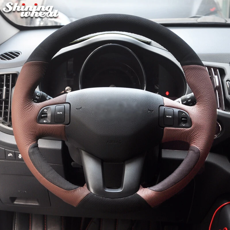 Shining wheat Black Genuine Coffee Leather Steering Wheel Cover for Kia