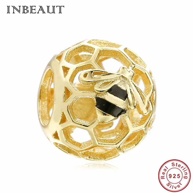 

Hot Sale 100% Authentic DIY Gold-color Honeybee Beads fit Original Pandora Bracelet 925 Sterling Silver Hollow Nest Cage Charm
