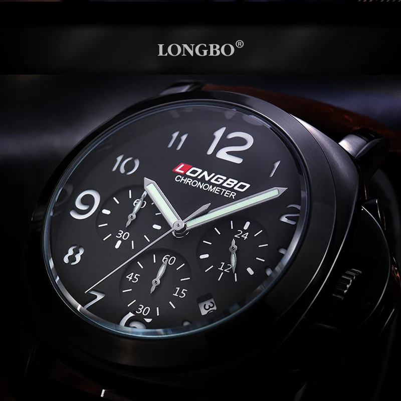 LONGBO 6pin Men Fashion Luxury Gerner Leather Big Dial Waterproof Quartz Wrist Watch Top Qualiry Men