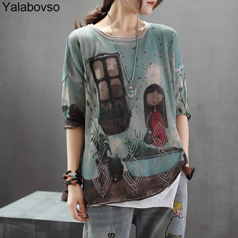 

2019 spring edge Cartoon Printing Thin Bottoming Sweaters Elastic Knitting Patchwork Loose Plus size sweaters for woman A0B430