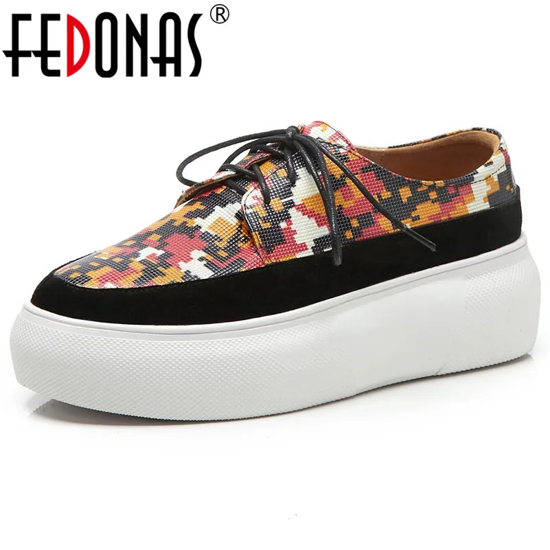 

FEDONAS New Prints Shoes Woman Genuine Leather Spring Summer Round Toe Lace Up Flats Platforms Casual Shoes Woman Party Shoes