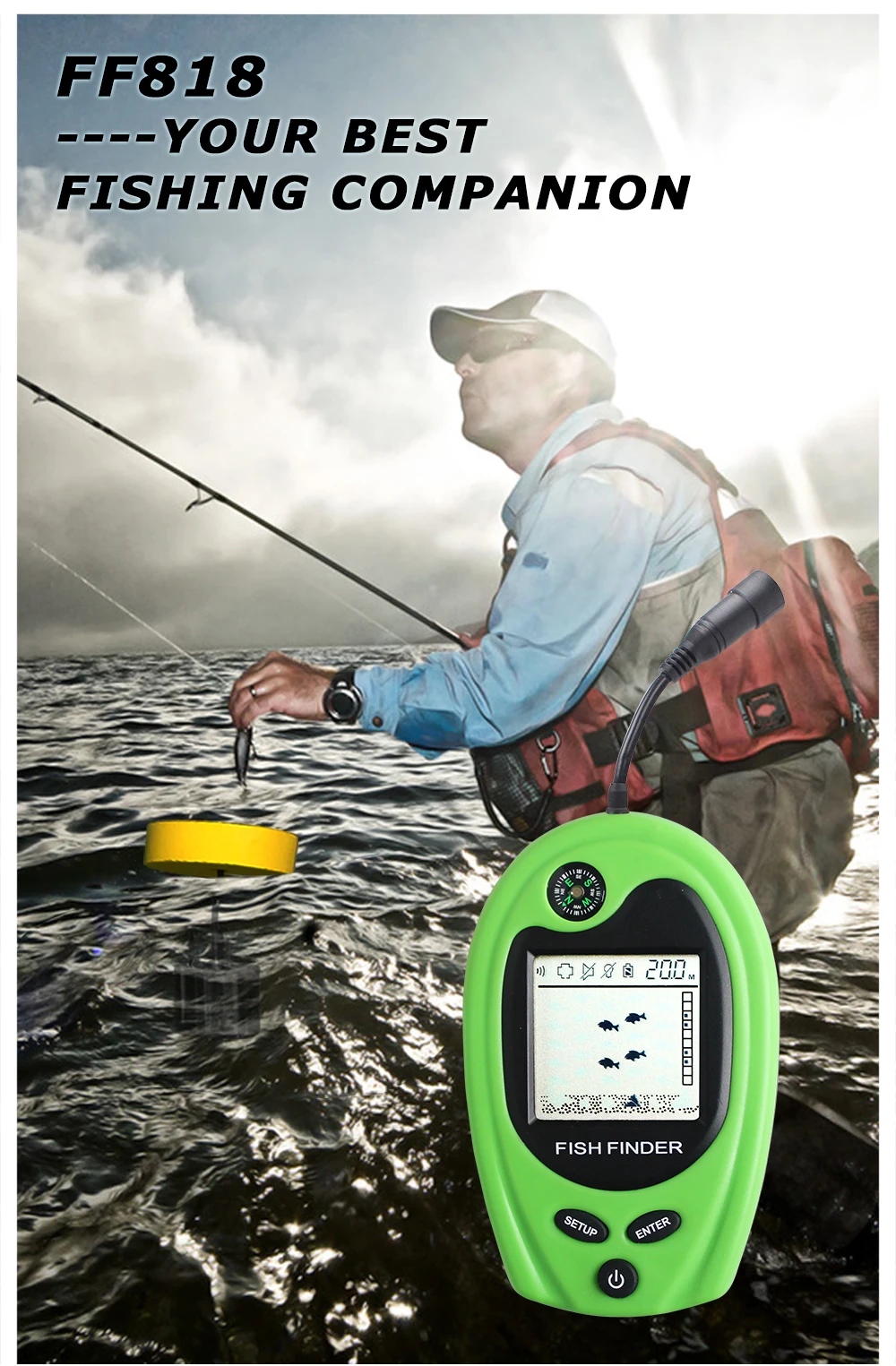 LUCKY Рыбалка эхолот Detecter с компасом Sonar сенсор 100 м портативный рыболокаторы для лодки Fishfinder FF818