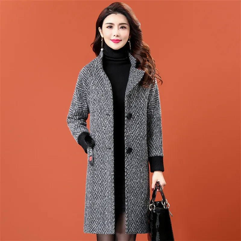Harajuku зимняя длинная куртка Женское шерстяное пальто корейского размера плюс теплое женское клетчатое шерстяное пальто элегантное женское пальто одежда