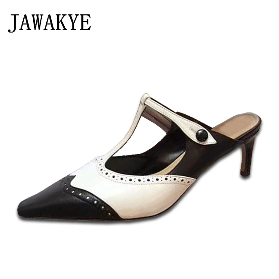 

Women Strappy heels Patchwork Bullock carved sandals female summer leather Cut outs T strap Kitten bend high heels half slippers