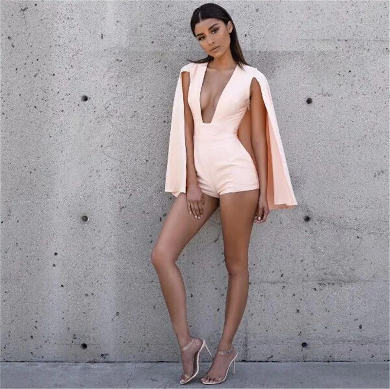 Summer Style Rompers Women Jumpsuit New Fashion Sexy deep v neck jumpsuit romper pink Casual short overalls Bodysuit