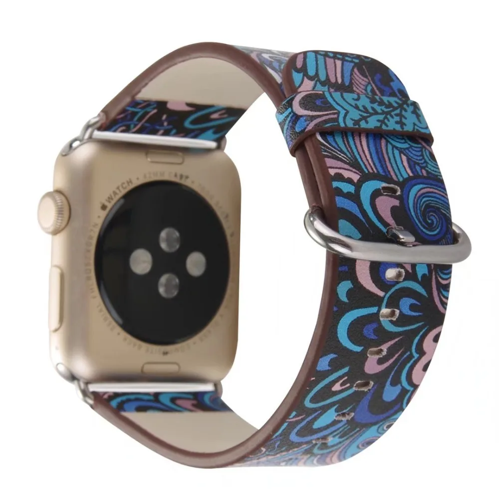  Leather Band Strap for Apple Watch 38 40/42 44mm Series 1/2/3/4 Flower Prints Vintage Floral National Folk Style Design Belt