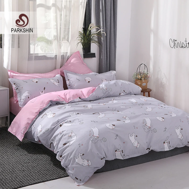 

ParkShin Cartoon Cat Bedding Set Cute Soft Duvet Cover Set Flat Sheet Bed Linen Set Decor Home Textiles Double Queen King Size