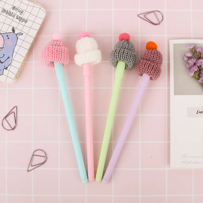 

4 pcs Creative Ball Hat Plush Express Gel Pen Black Ink Pen Kawaii Promotional Gift Stationery School & Office Supplies