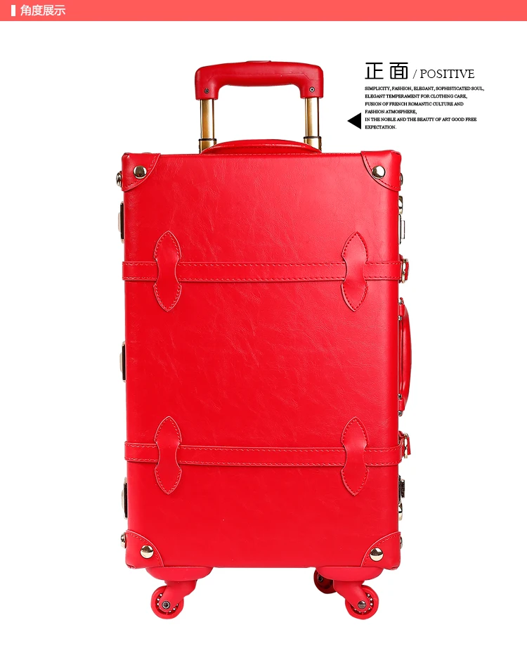 

14 20 24 full red leather bride married luggage sets,golden hardware high quality vintage trunk luggage bags on universal wheels