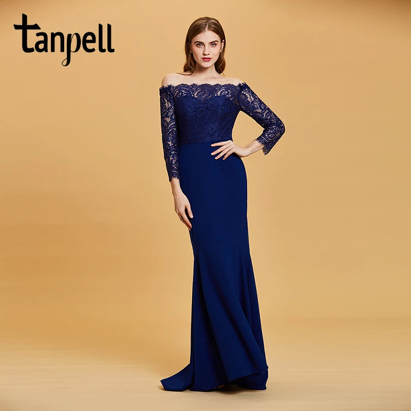 

Tanpell boat neck evening dress dark royal blue lace floor length gown women wedding party mermaid formal long evening dresses
