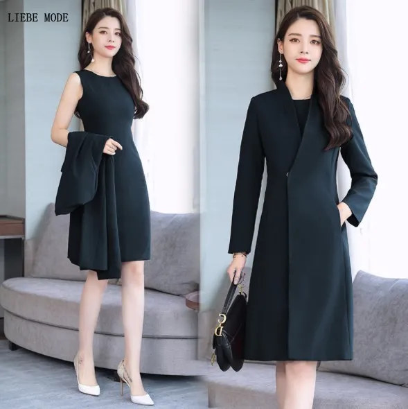 

Spring Autumn Ladies Dress Suits for Office Wear Long Trench Coat and Knee Length Dress 2 Piece Set Women Formal Dresses Suit