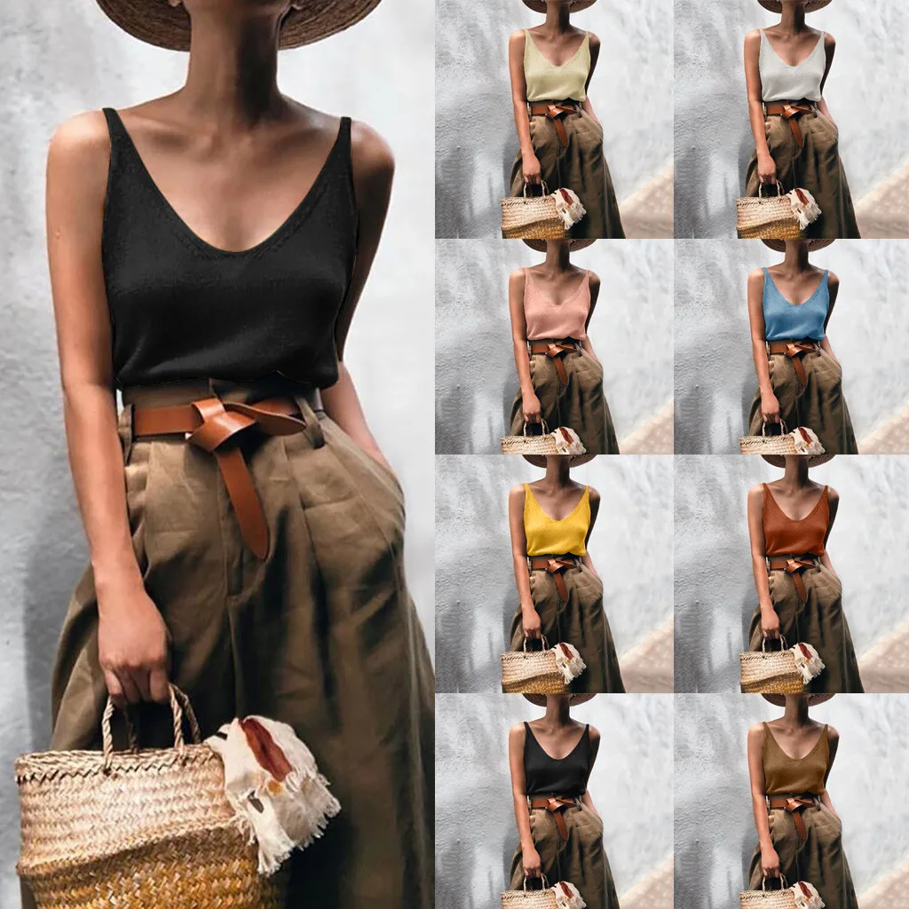

Summer Women V-neck Knitting Fashion Suspender Sleeveless vest 2019 New Drop Shipping