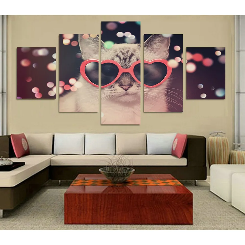 Милые очки Cat Холст Wall Art печати домашнего декора для гостиной новогодние фото 5