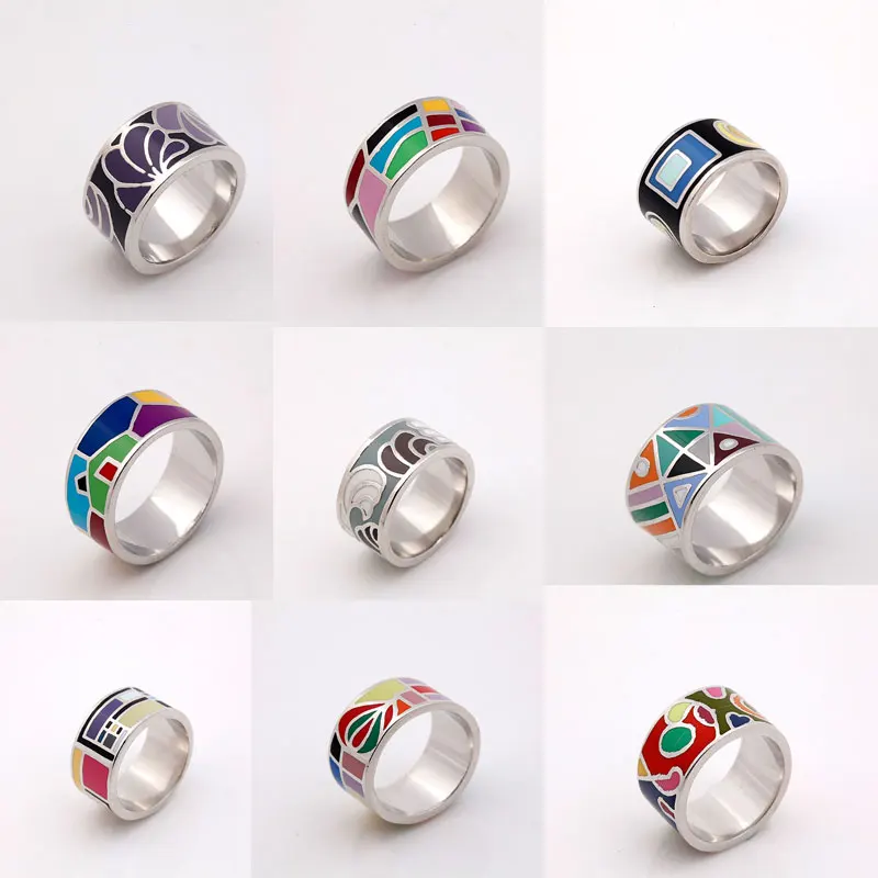 

Big Promotion 12 Styles Silver Plated Rainbow Colorful Enamel Jewelry Rings